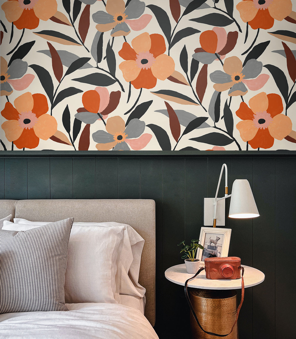 Garden Block Floral Orange & Ebony by NextWall Peel & Stick Floral Peel & Stick Wallpaper – NextWall NW45306