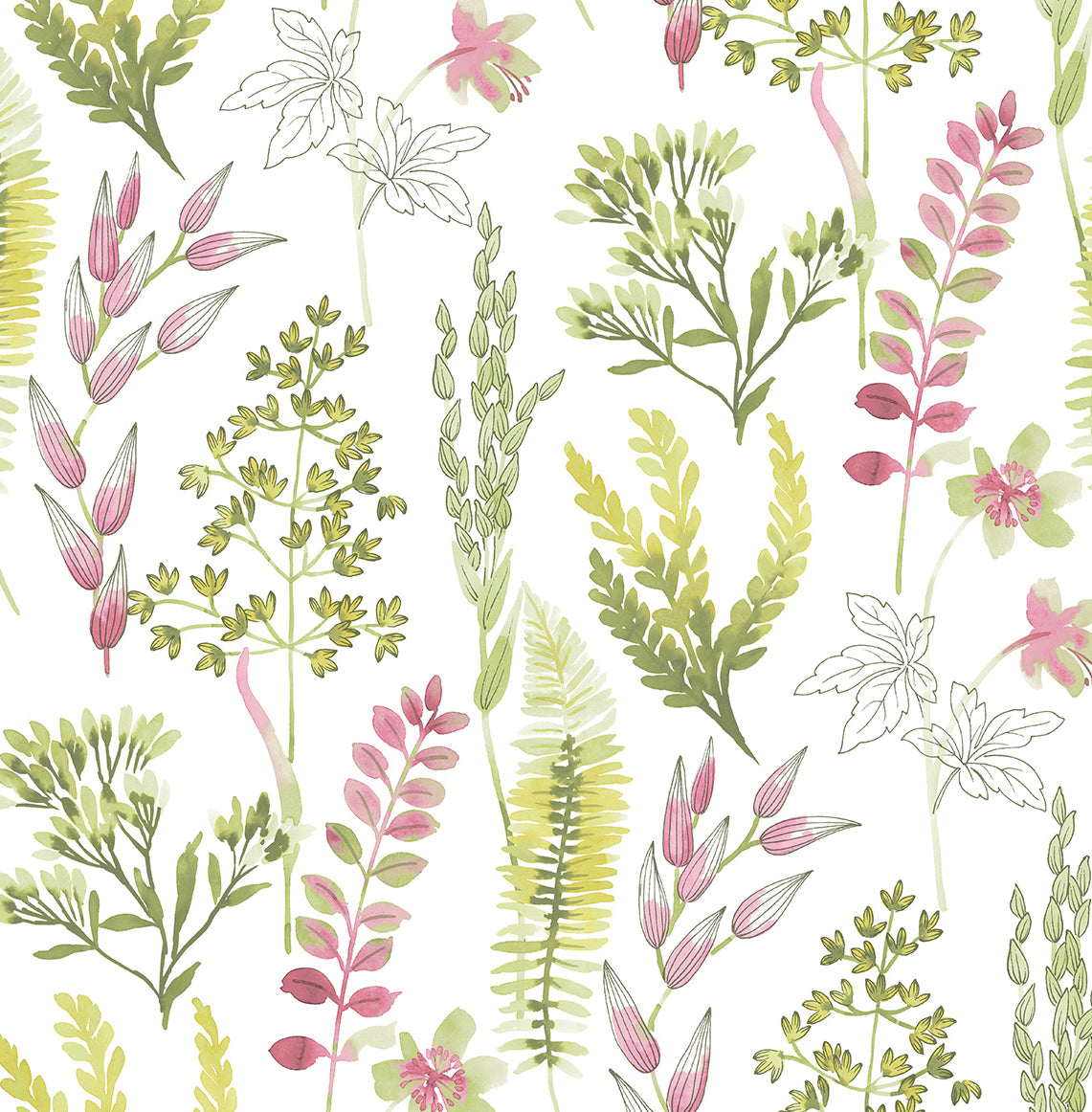 Wild Garden peel and stick wallpaper pattern with botanical sprigs in lemongrass green and posy pink on a white background