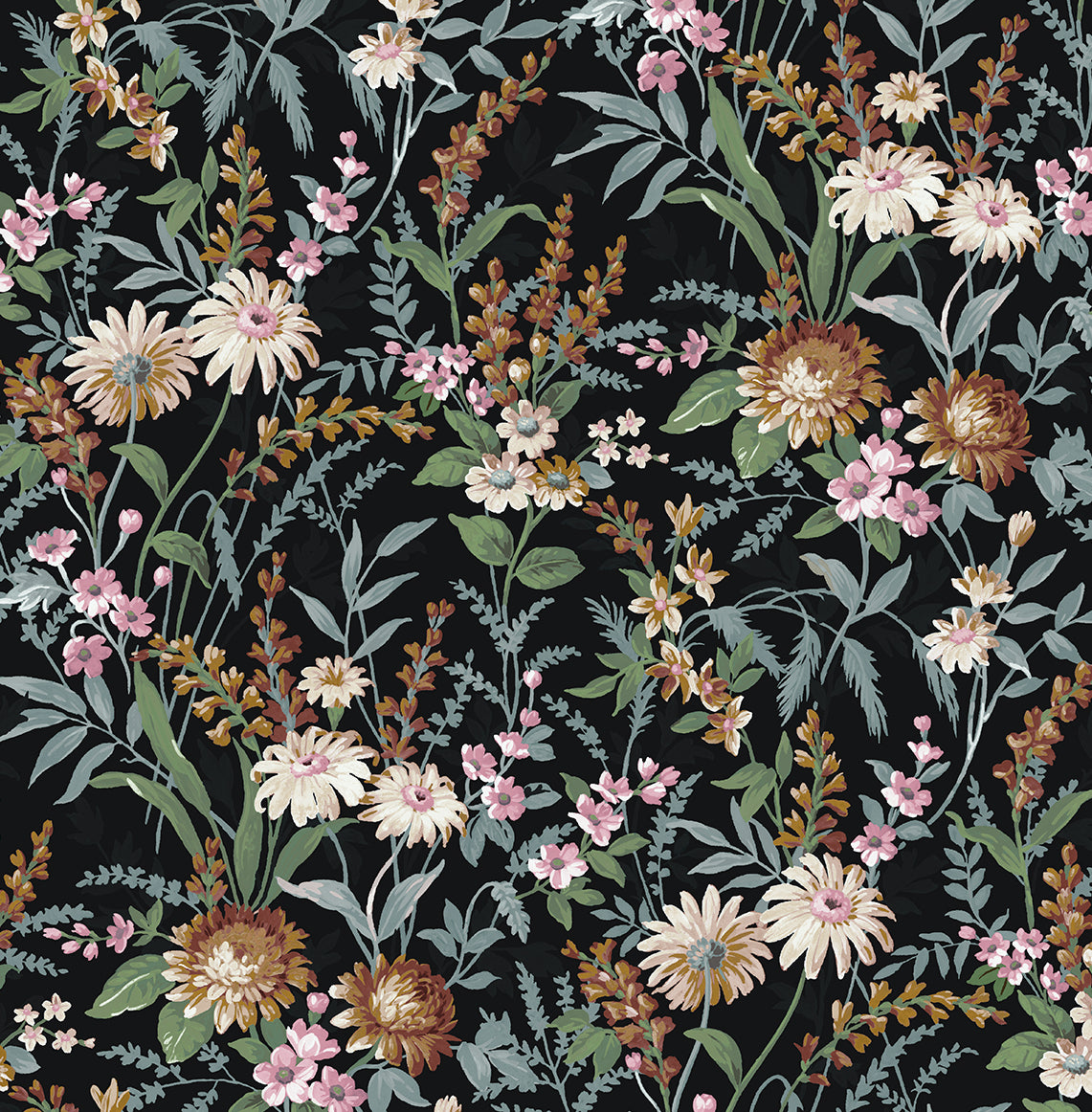 Vintage Floral peel and stick wallpaper in Onyx black with soft pink, cream, and green botanical flowers