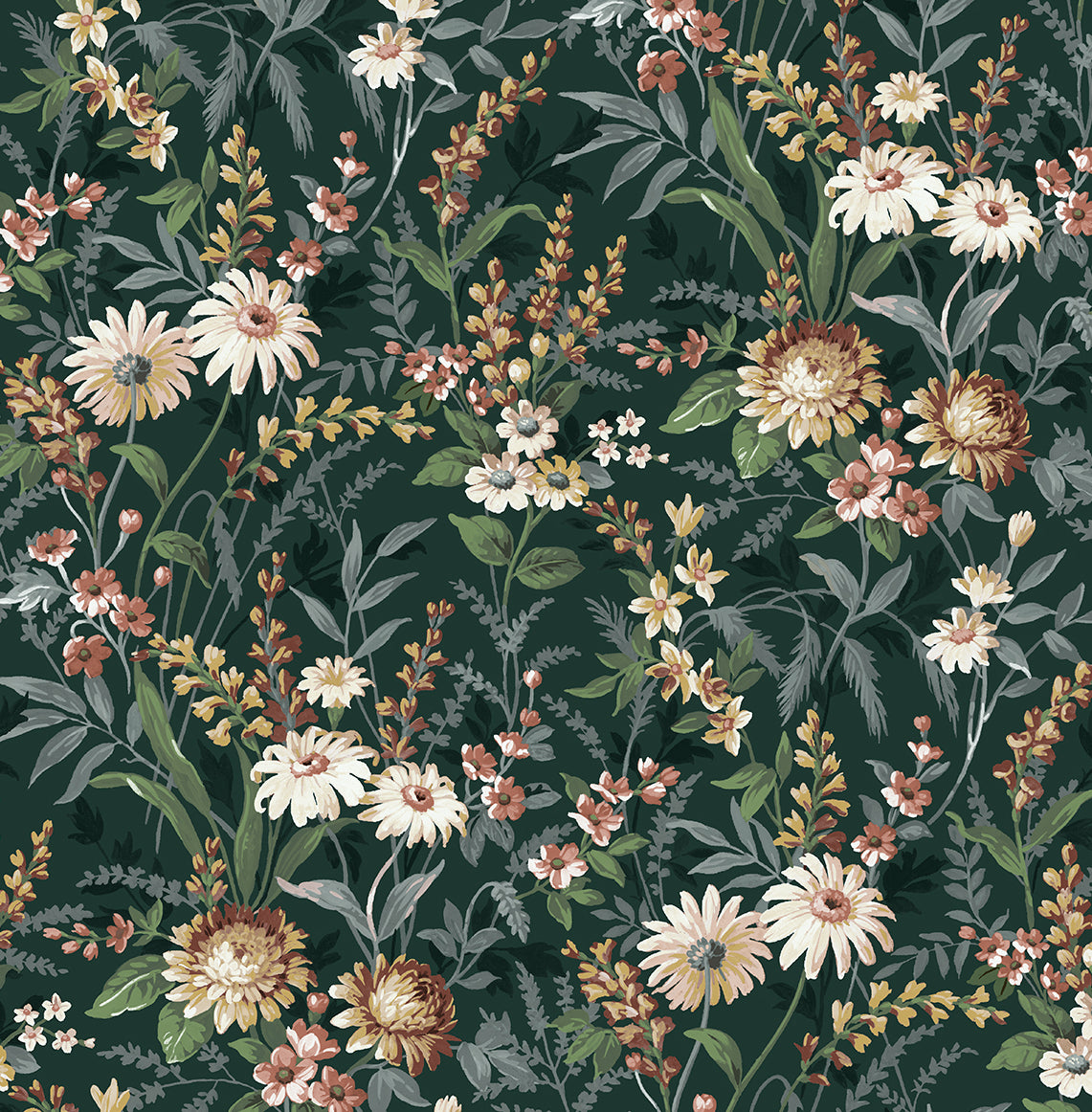 Vintage Floral peel and stick wallpaper in forest green with multicolor wildflowers