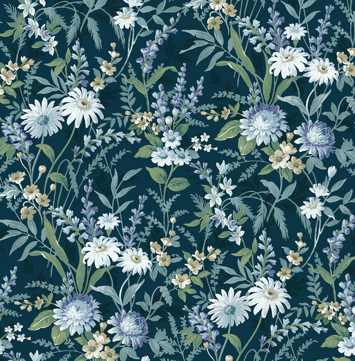 Teal vintage floral peel and stick wallpaper with white and blue wildflowers and leafy stems