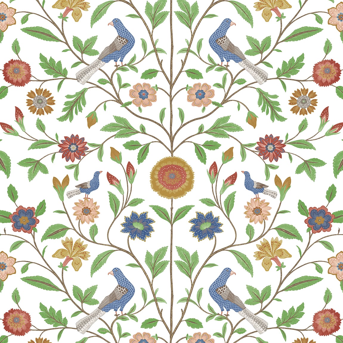 Bird Toile peel and stick wallpaper with colorful birds and floral vines on a white background