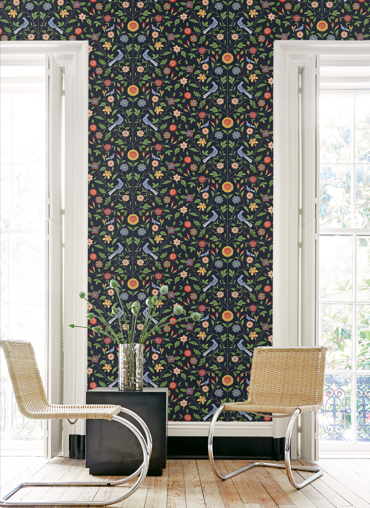 Bird Toile Midnight Blue by NextWall Peel & Stick Bird & Floral Toile Wallpaper – NextWall NW45902