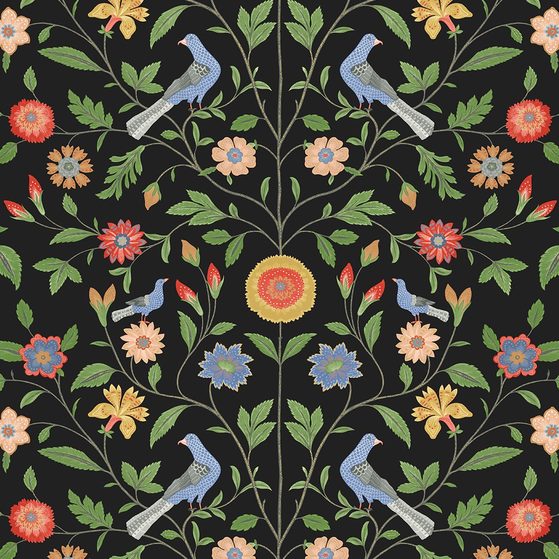 Onyx black bird and floral toile peel and stick wallpaper pattern