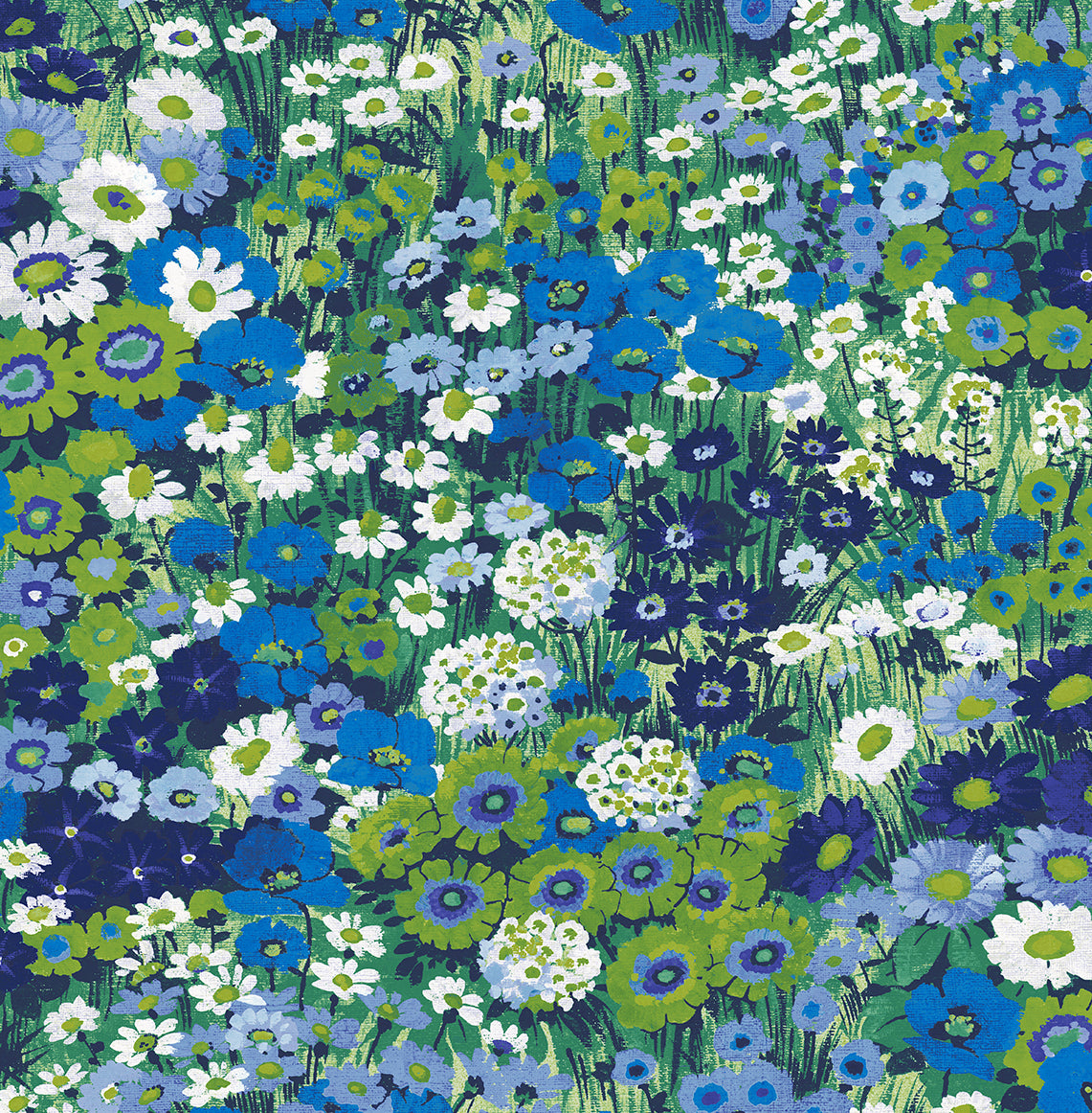 Floral Meadow peel and stick wallpaper in bright blue and sap green with dense meadow flowers and greenery