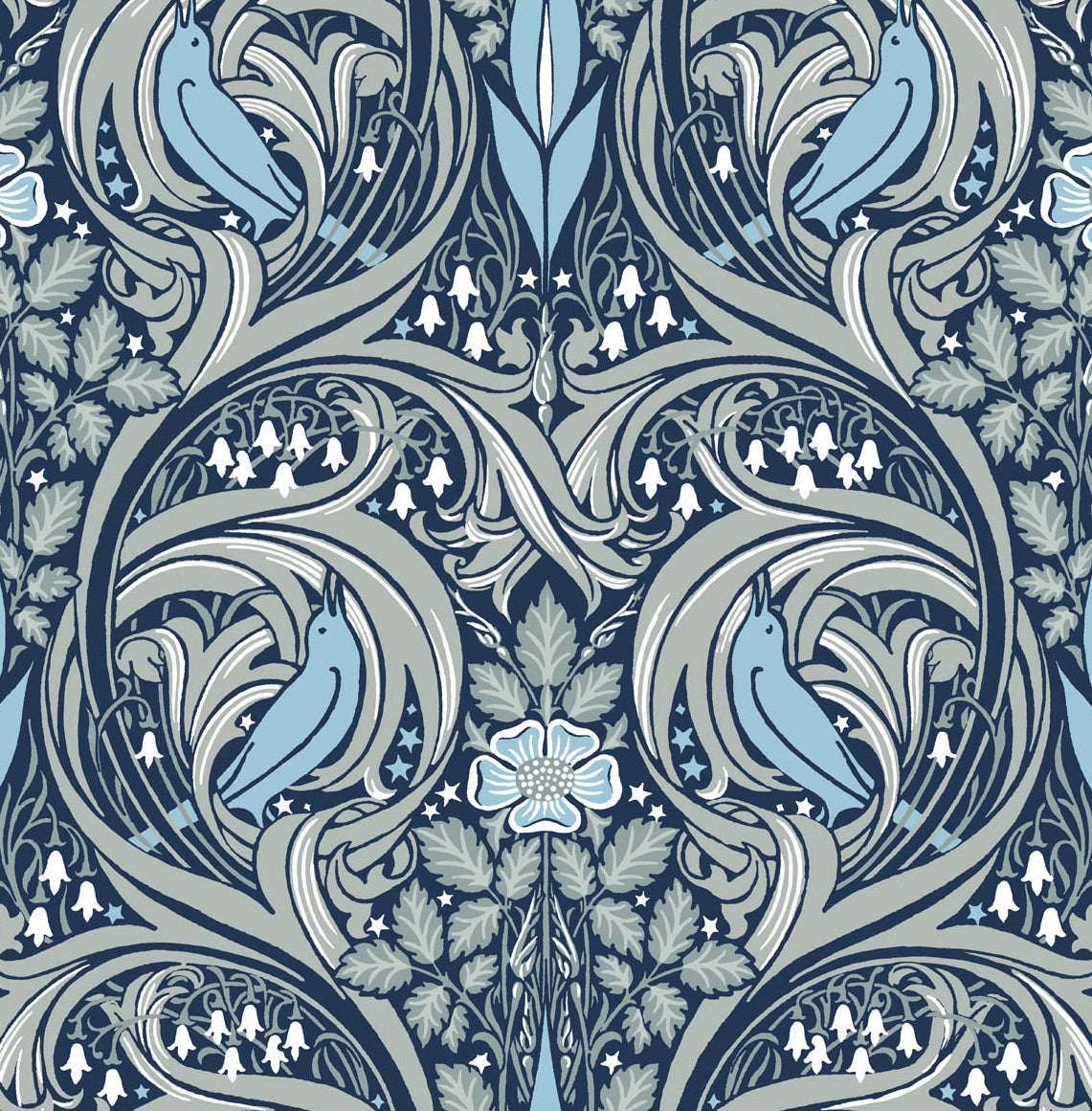 Bird Ogee peel and stick wallpaper in navy and sky blue with vintage ogee birds and florals