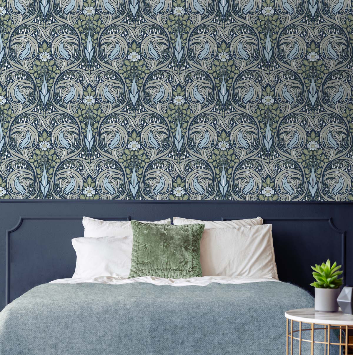 Bird Ogee Navy and Fern Green by NextWall Peel & Stick Vintage Bird Ogee Wallpaper – NextWall NW46204