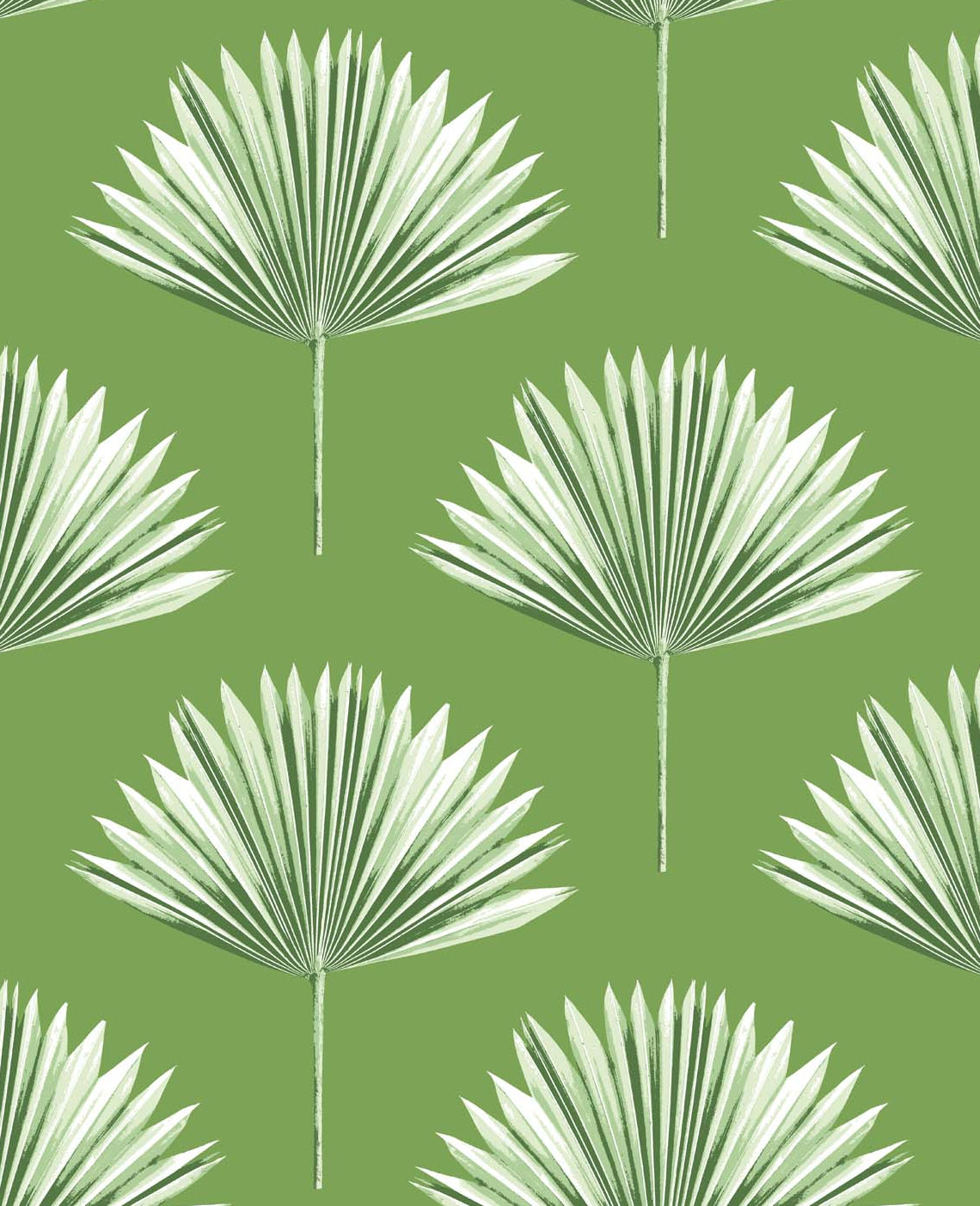 Tropical Fan Palm peel and stick wallpaper in Green Sprout with repeating fan palm leaves