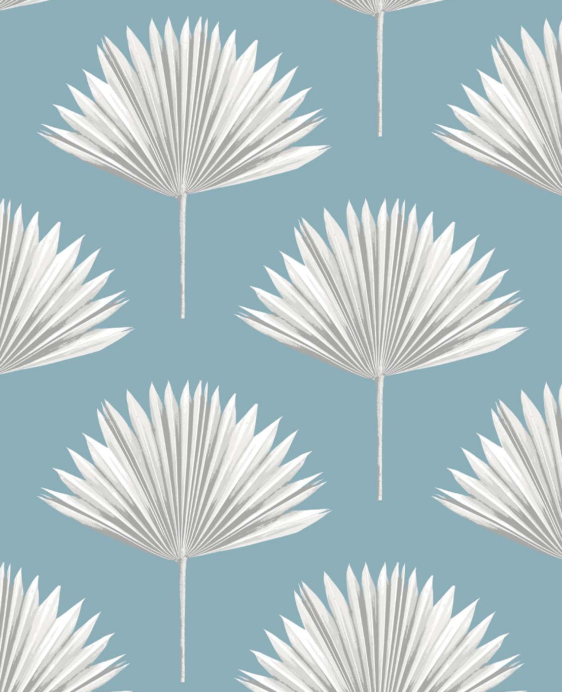 Tropical Fan Palm peel and stick wallpaper in Blue Patina with white fan palm motifs