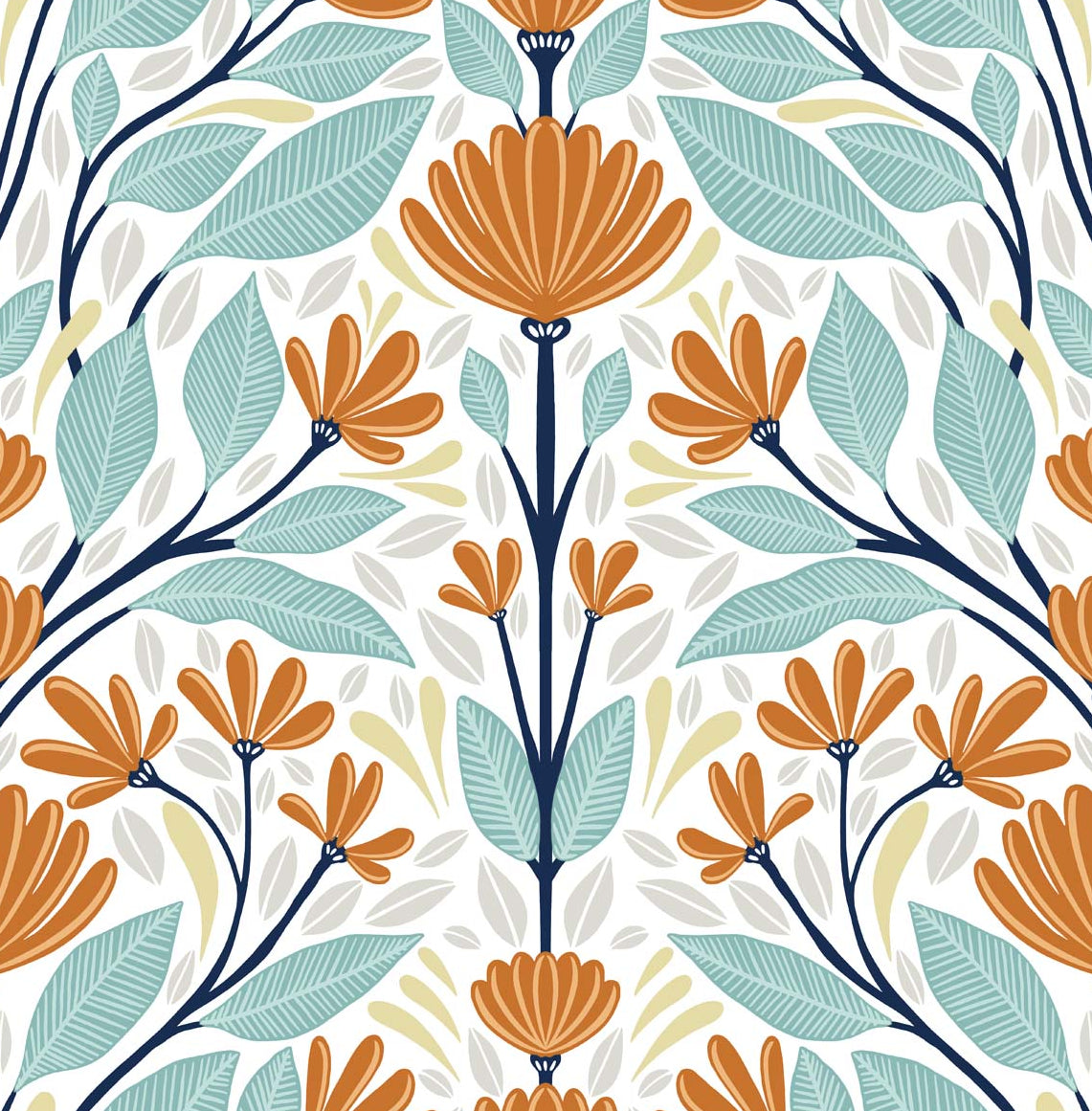 Folk Floral peel and stick wallpaper pattern in verdigris and orange