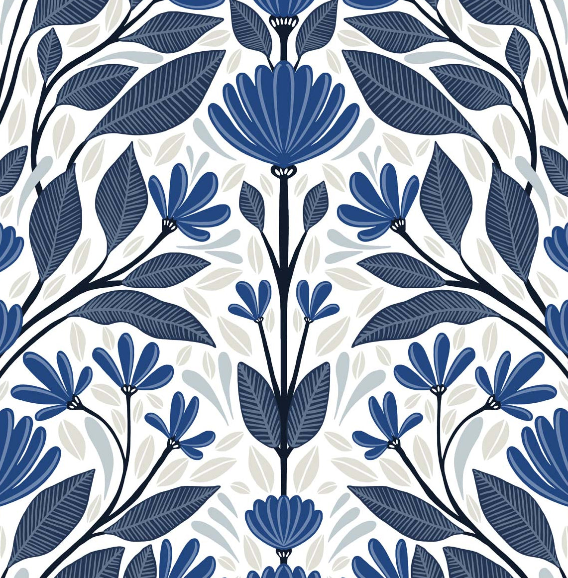 Scandinavian folk floral peel and stick wallpaper pattern in blue and white with stylized flowers and leaves.