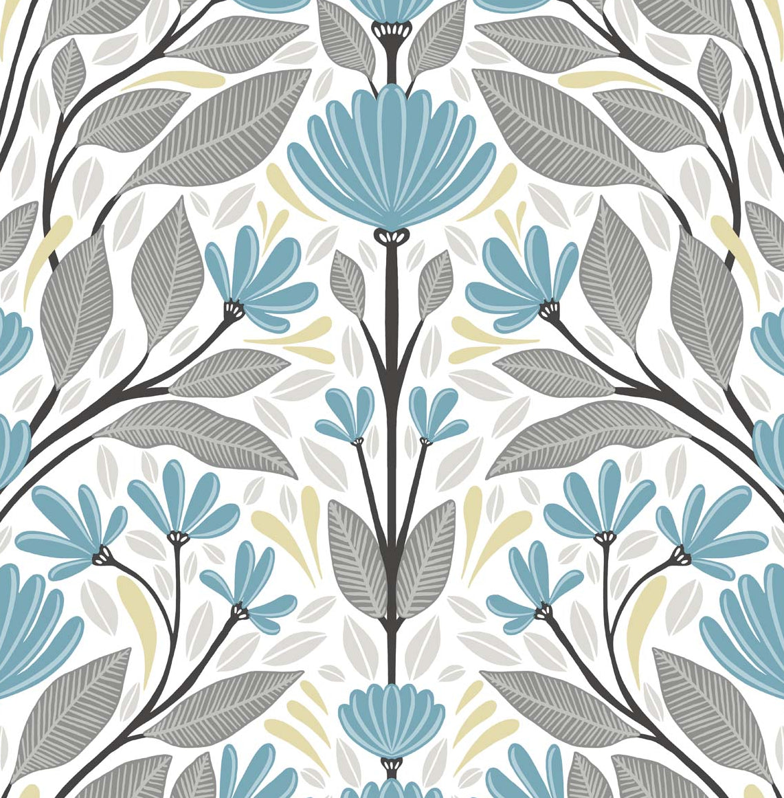 Scandinavian folk floral peel and stick wallpaper in blue patina and wheat with stylized flowers and leaves