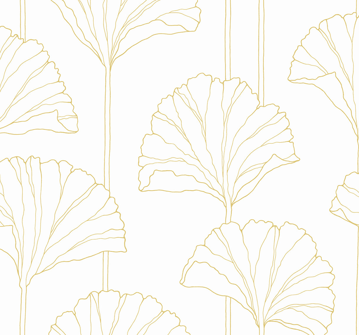 Gingko Leaf peel and stick wallpaper with metallic gold ginkgo leaf outlines on a light background