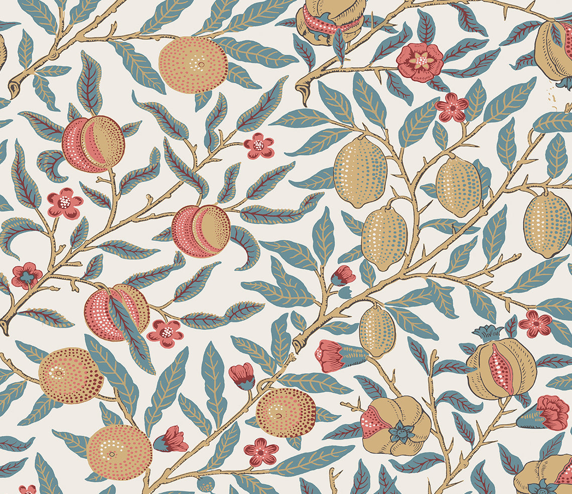 NextWall Pomegranate peel and stick wallpaper in moonstone blue and light ochre with vintage botanical pomegranate branches