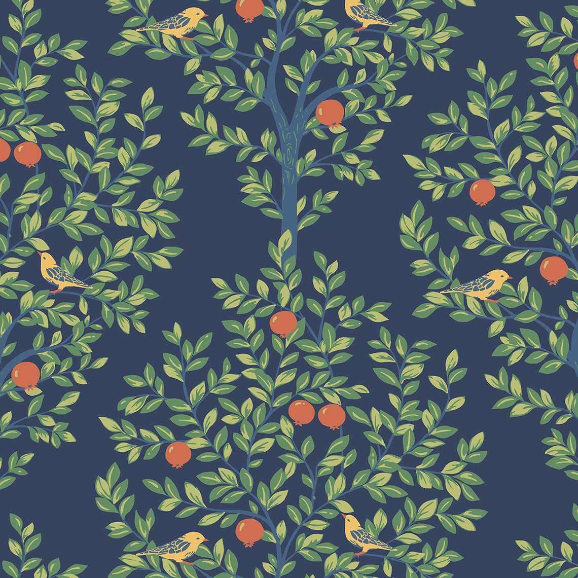 Fruit Tree peel and stick wallpaper with green leafy branches, orange fruit and small birds on a navy background