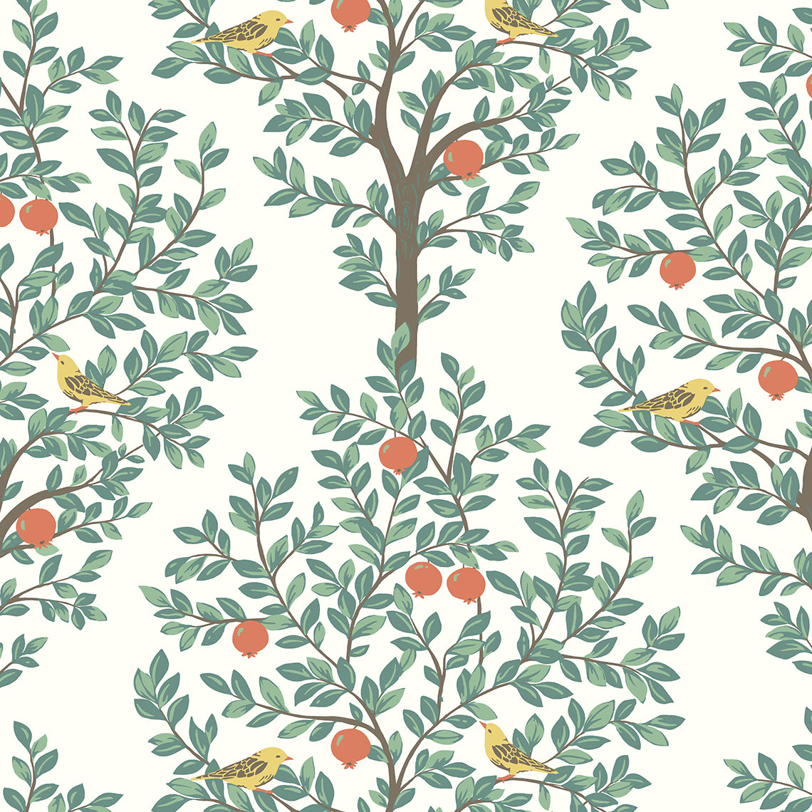 Fruit Tree peel and stick wallpaper in Juniper green with leafy branches, orange fruit, and small birds on a light background