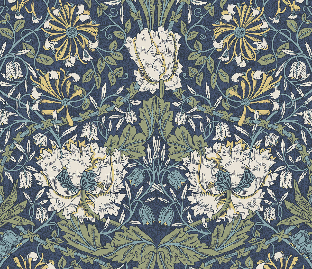 Vintage ogee floral botanical peel and stick wallpaper in indigo blue with sage green and ivory details