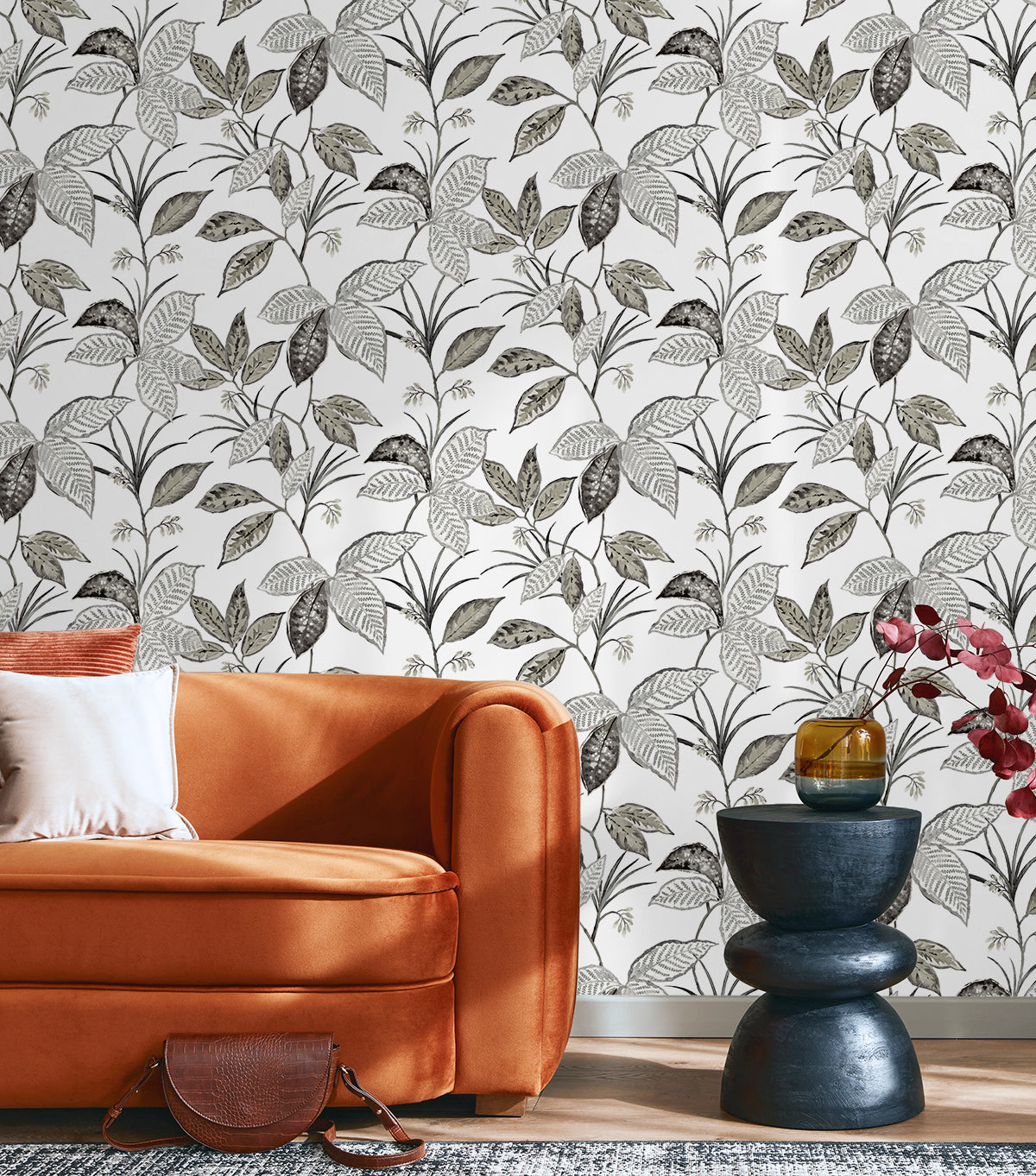 Boho Leaf Trail Greystone by NextWall Peel & Stick Botanical Leaf Trail Wallpaper – NextWall NW48300
