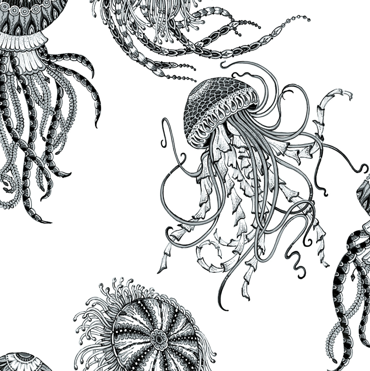 Black and white jellyfish illustration peel and stick wallpaper pattern