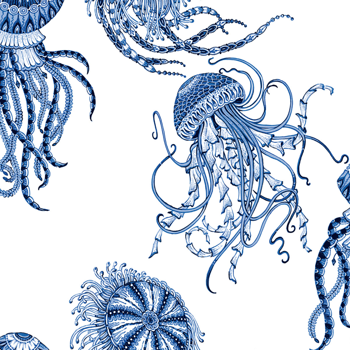 Blue jellyfish peel and stick wallpaper pattern on white background