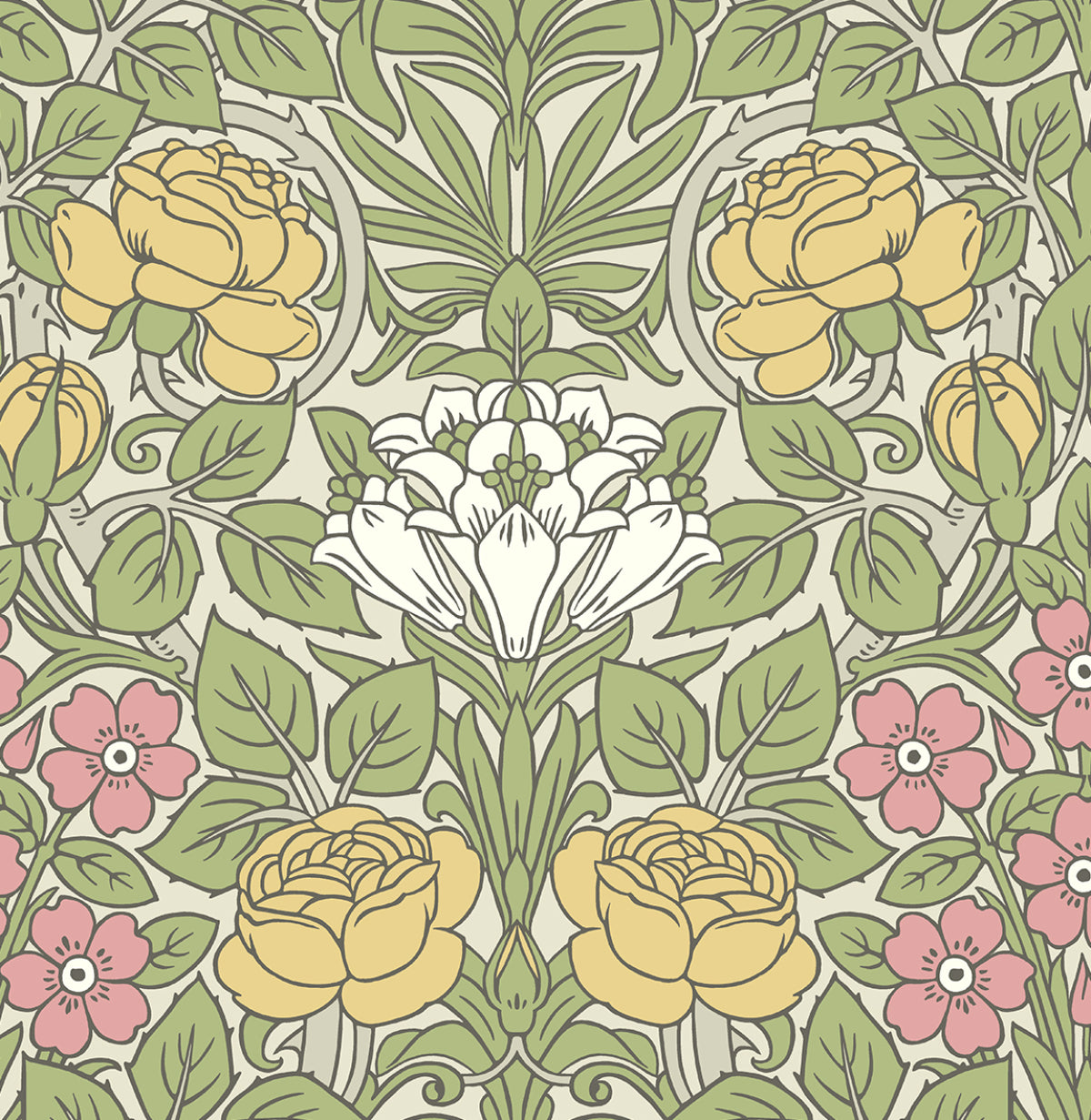 Vintage Rose peel and stick wallpaper in Honey Bee and Posy Pink floral pattern