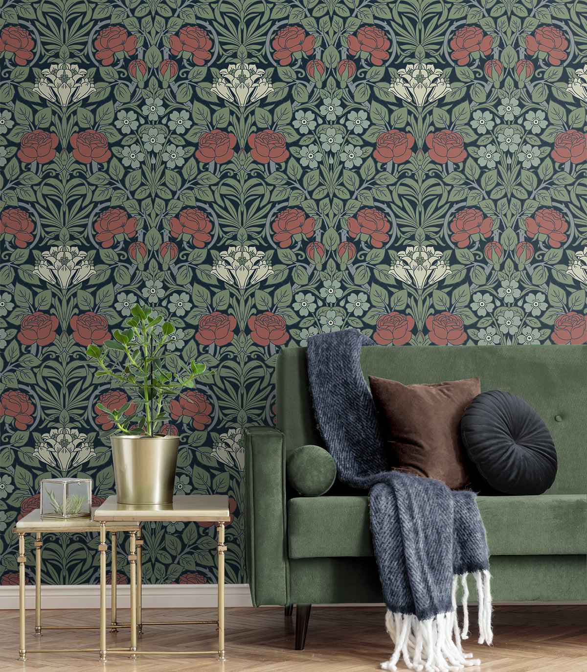 Vintage Rose Midnight Blue & Sage by NextWall Peel & Stick Vintage Floral Peel & Stick Wallpaper – NextWall NW49012