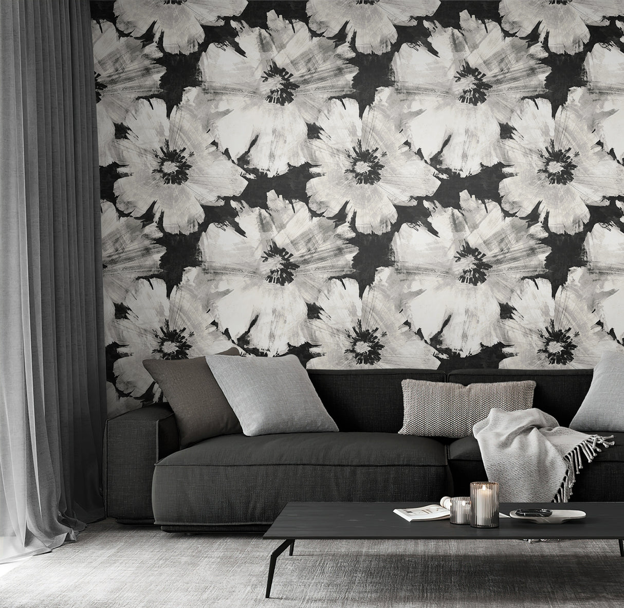 Graphic Floral Ebony & Champagne by NextWall Peel & Stick Floral Peel & Stick Wallpaper – NextWall NW49200