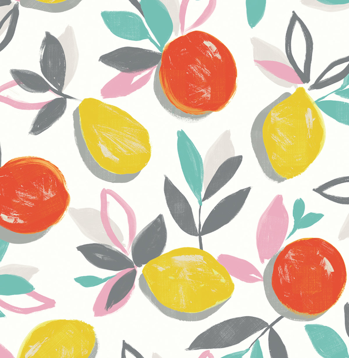 Fruit Toss peel and stick wallpaper in Tropic Sunset with colorful citrus fruit and leaves