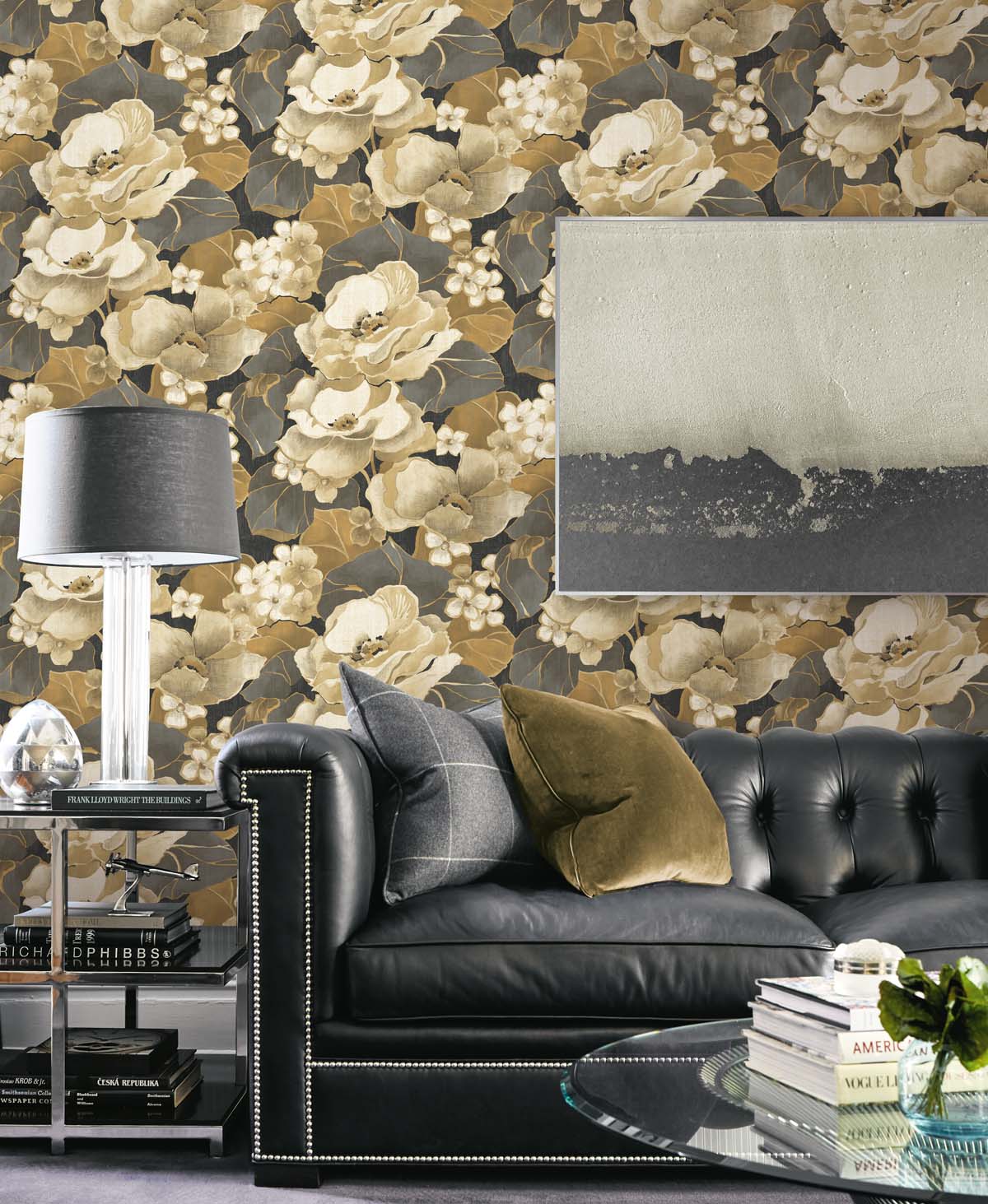 Nouveau Floral Ebony & Antique Gold by NextWall Peel & Stick Metallic Floral Wallpaper – NextWall NW49600