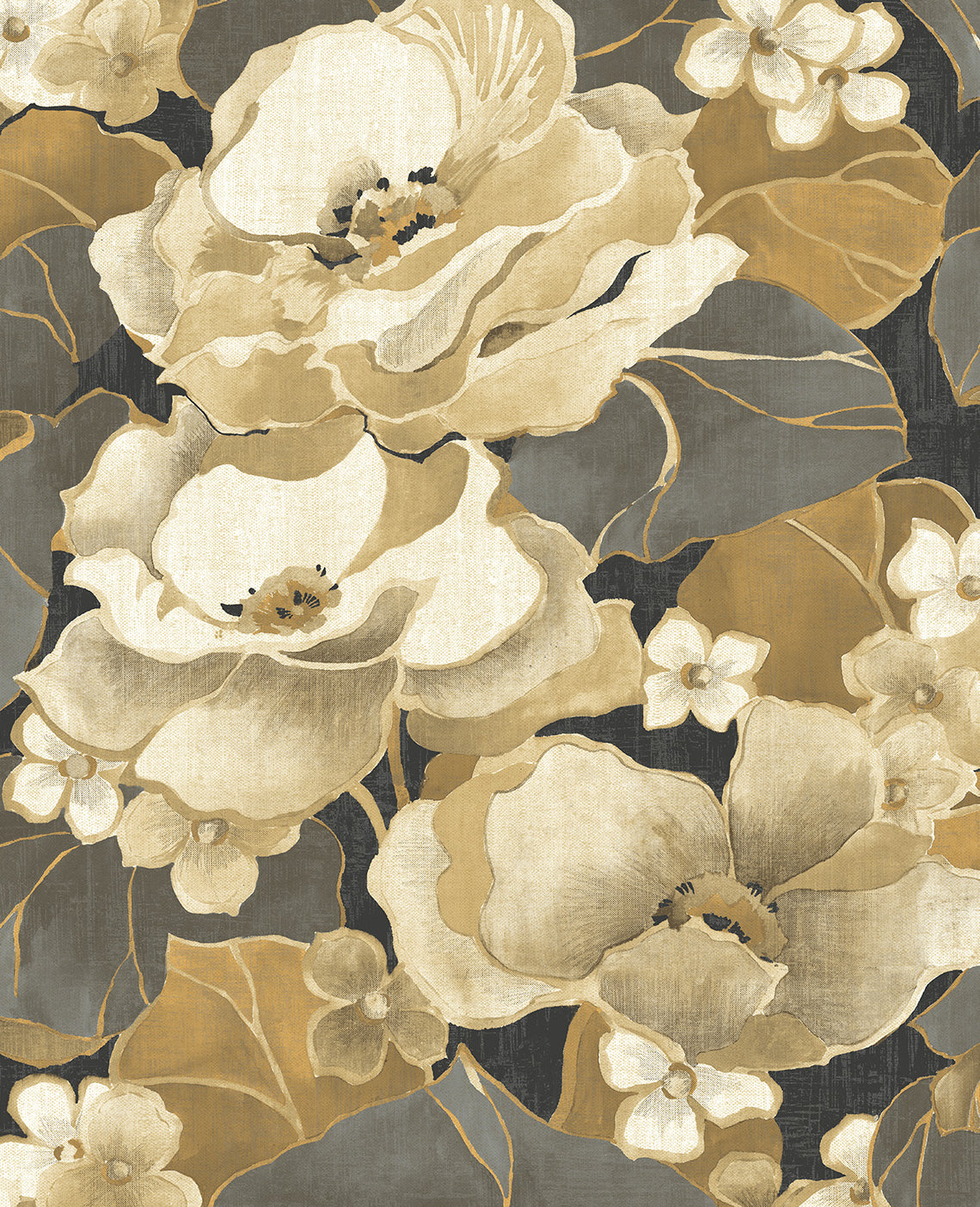 Nouveau Floral peel and stick wallpaper in ebony and antique gold with a metallic finish