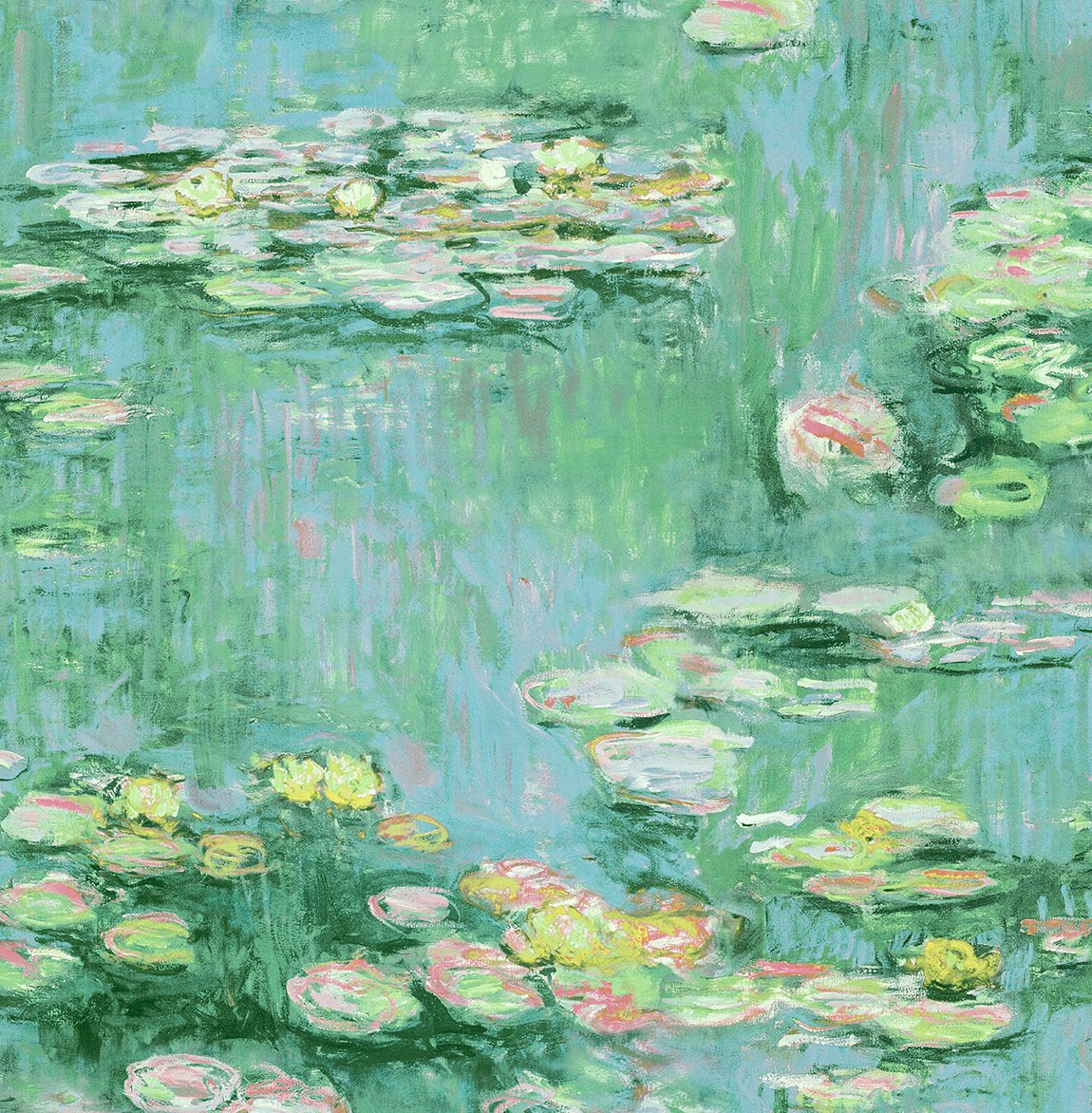 Lily Pond peel and stick wallpaper in hunter green and lakeside with impressionistic water lily design
