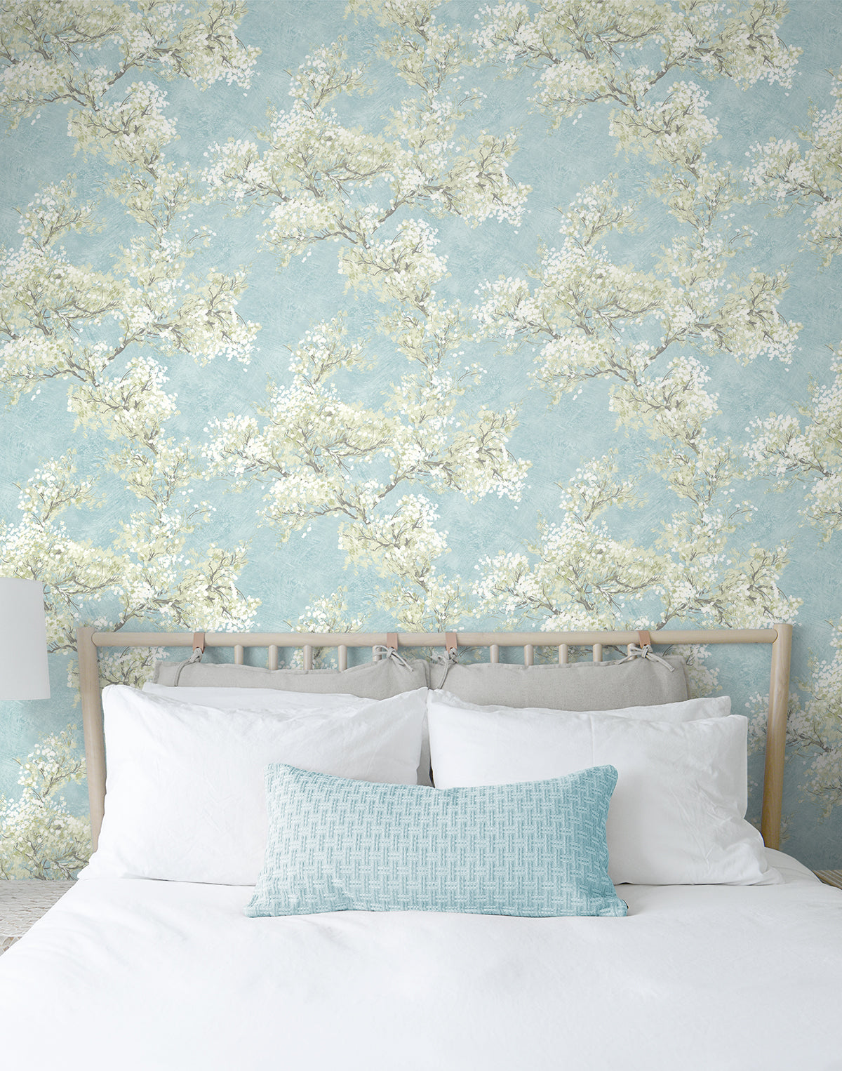 Cherry Blossom Grove Blue Mist & Green Tea by NextWall Peel & Stick Impressionistic Floral Wallpaper – NextWall NW50102-Sample