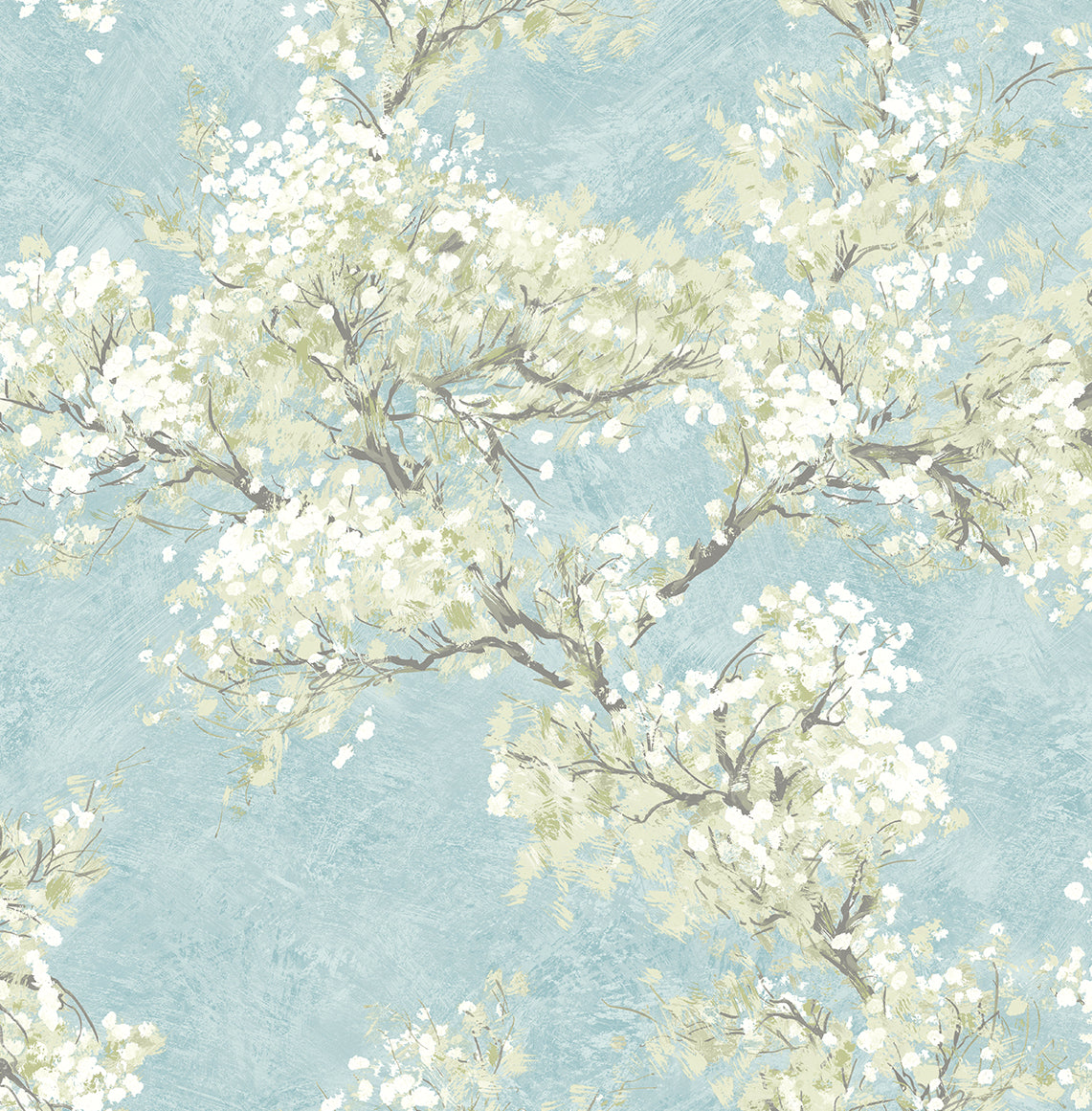 Cherry Blossom Grove Blue Mist & Green Tea by NextWall Peel & Stick Impressionistic Floral Wallpaper – NextWall NW50102-Sample