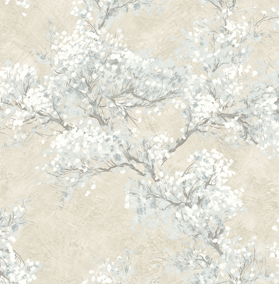 Cherry Blossom Grove peel and stick wallpaper in parchment and morning fog with impressionistic flowering branches