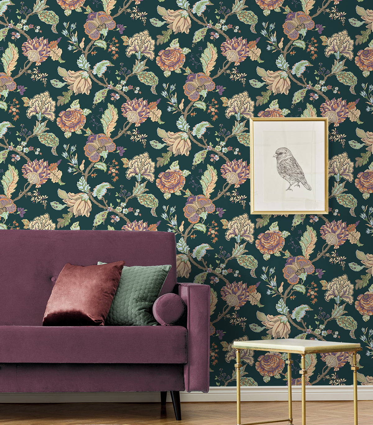Kianna Jacobean Victorian Jade by NextWall Peel & Stick Jacobean Floral Peel & Stick Wallpaper – NextWall NW50204