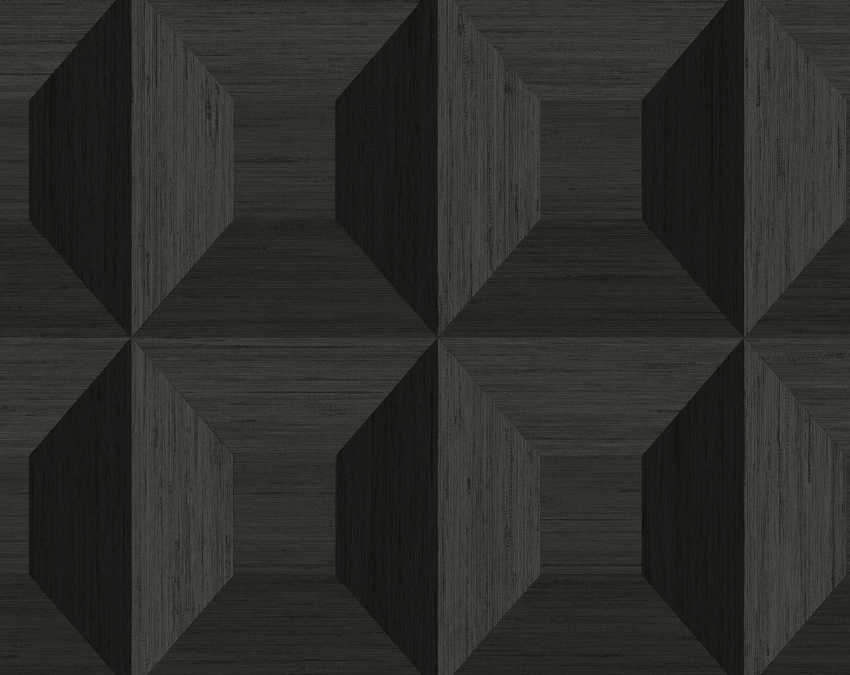 Quadrant Geo Blacksmith peel and stick geometric wallpaper in a dark dimensional cube pattern