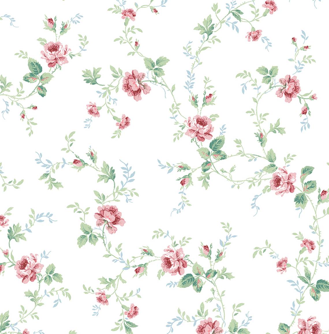 Blossom Floral Trail peel and stick wallpaper in blush pink florals with spearmint green vines on a white ground