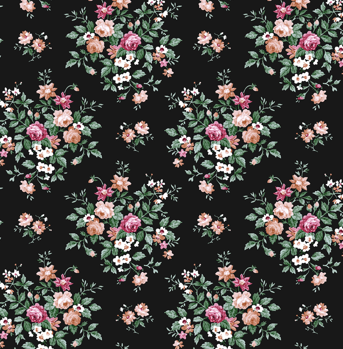 Floral Bunches ebony peel and stick wallpaper with scattered floral bouquets
