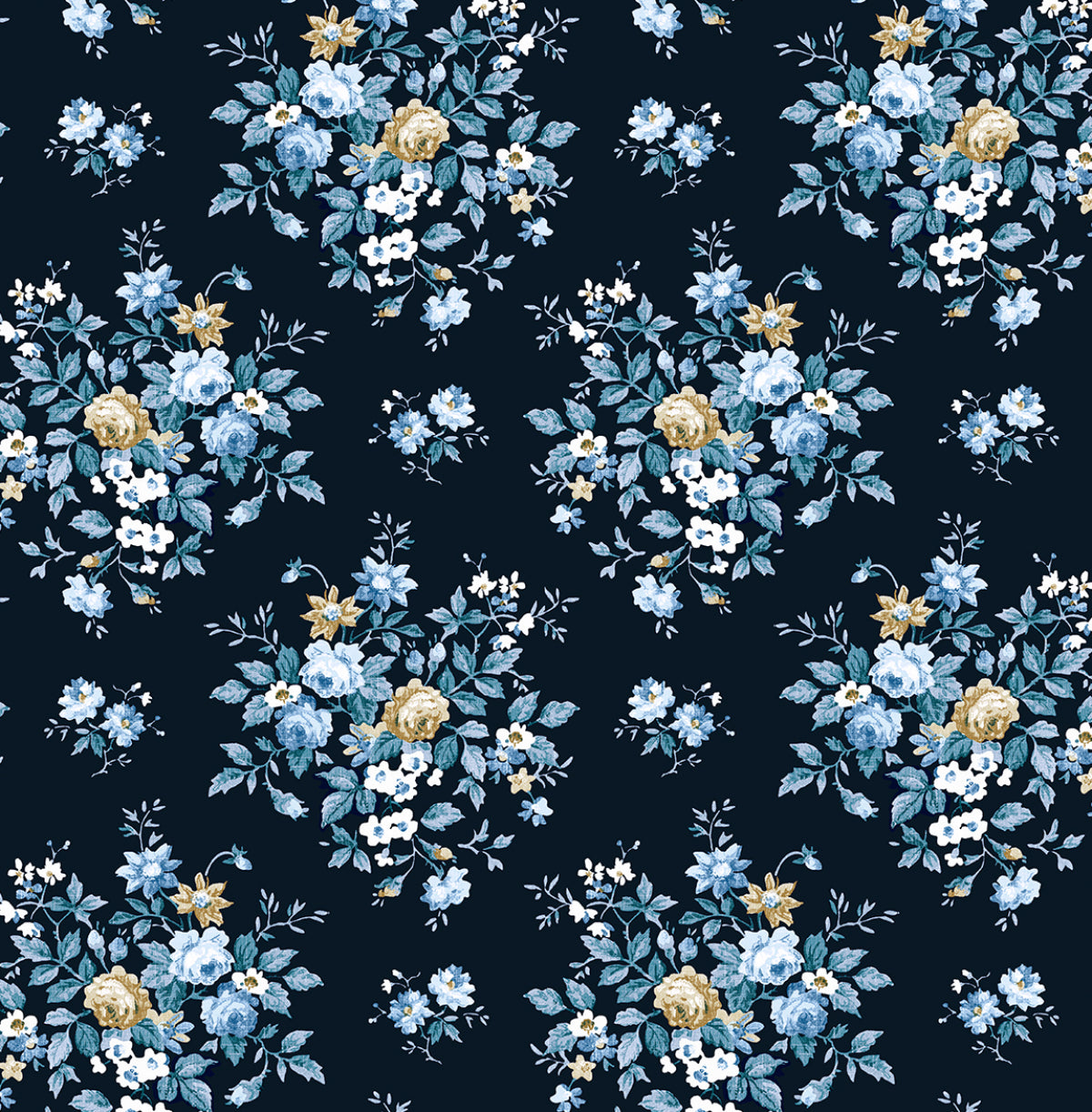Floral Bunches peel and stick wallpaper in Midnight Blue & Toffee with scattered floral bouquets