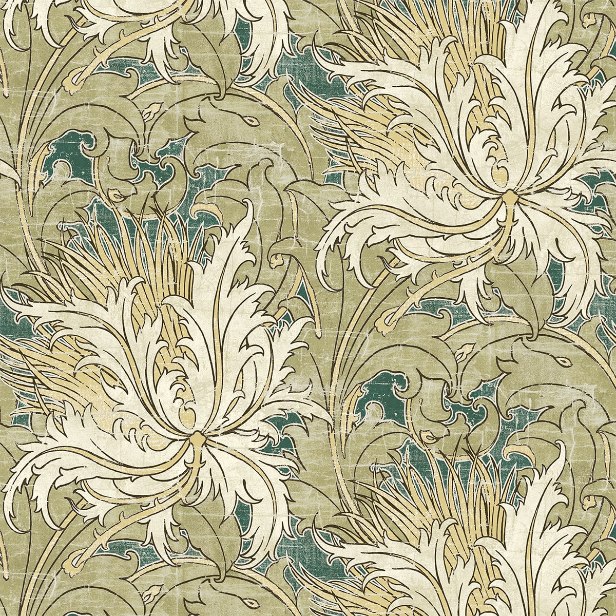 Vintage floral peel and stick wallpaper in juniper green and parchment with large stylized blooms and scrolling leaves.