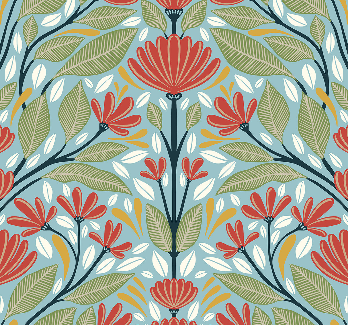 Shalin Folk Floral peel and stick wallpaper in a summer garden palette with coral flowers and green leaves on a blue-green ground.