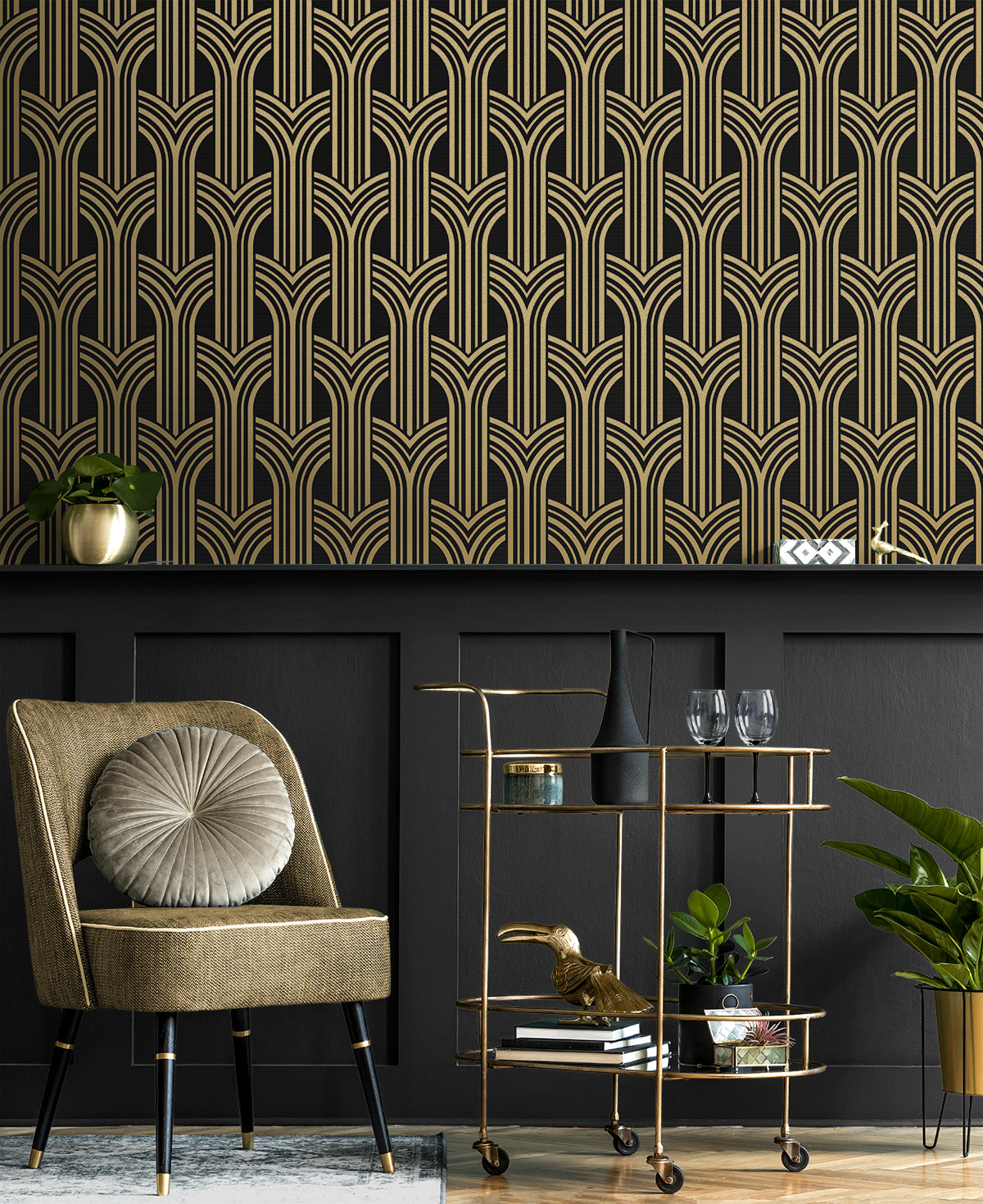 Deco Geometric Arches Ebony & Metallic Gold by NextWall Peel & Stick Geometric Peel & Stick Wallpaper – NextWall NW50900