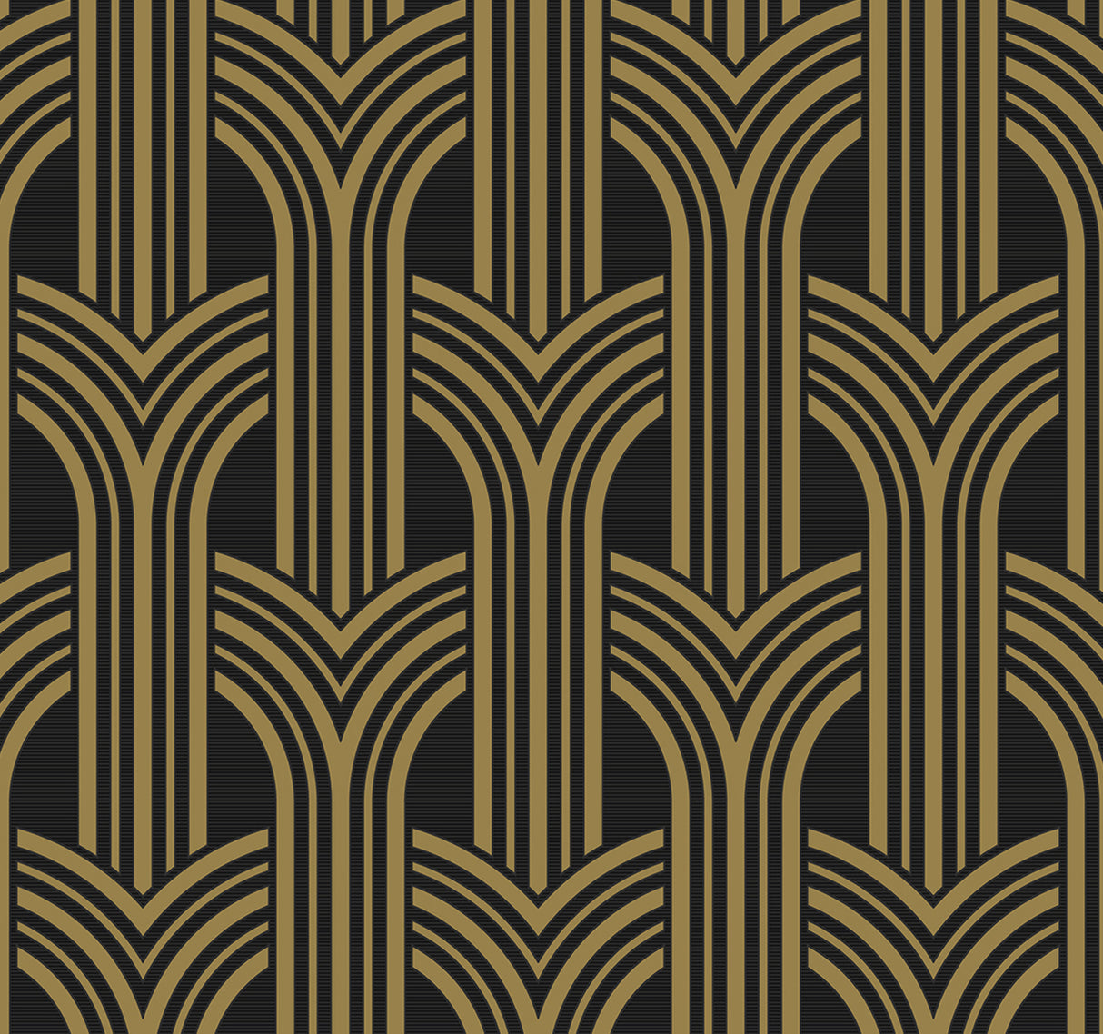 Deco Geometric Arches peel and stick wallpaper in ebony black with metallic gold art deco arches