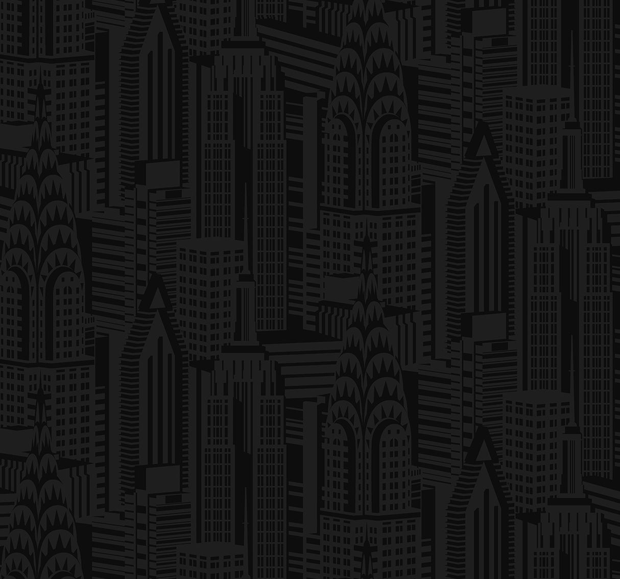 City Skyline peel and stick wallpaper in Cosmic Black with an Art Deco inspired cityscape pattern