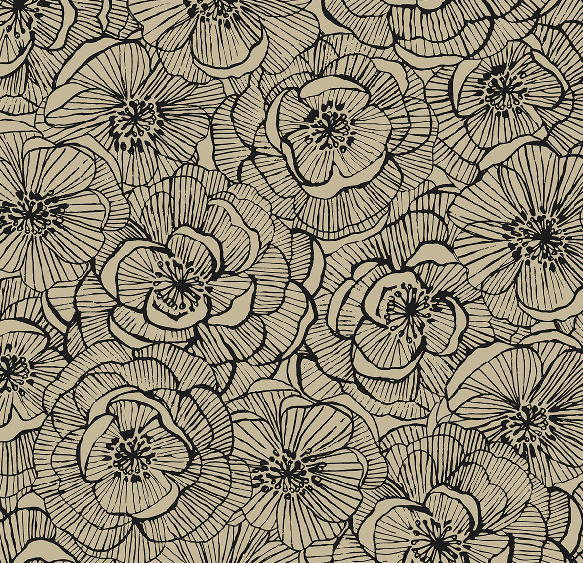 Ellie Graphic Floral peel and stick wallpaper in gold shimmer and ebony with dense outlined floral pattern.