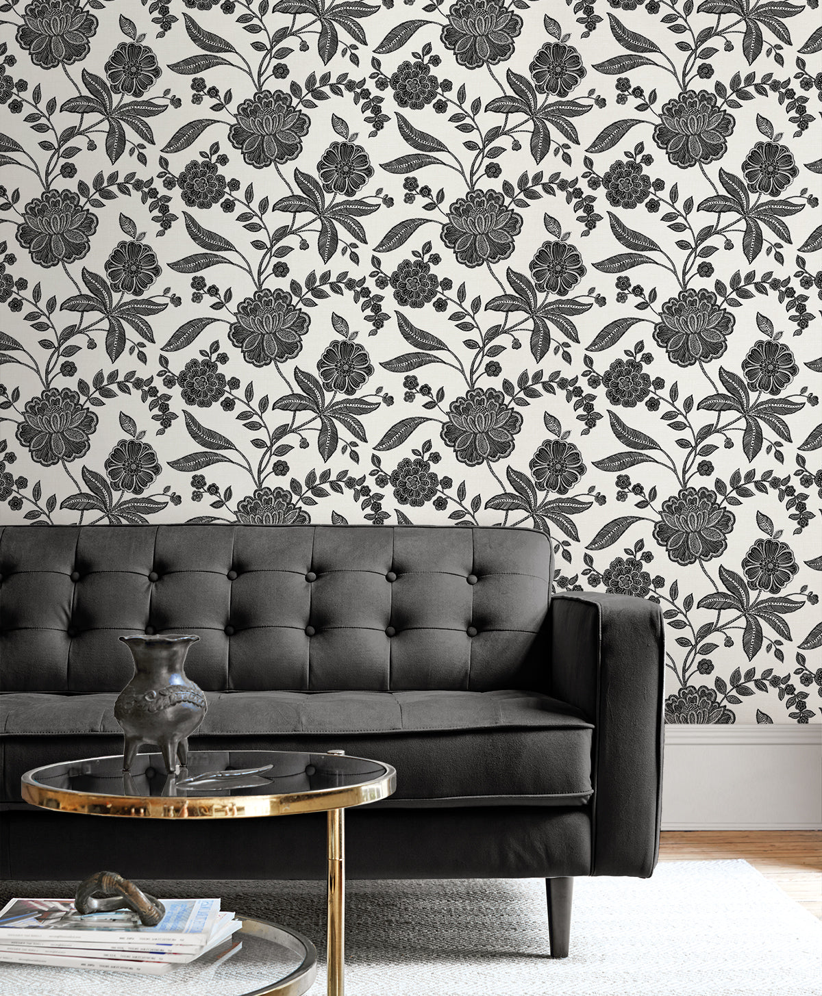 Julian Jacobean Floral Ebony & Ivory by NextWall Peel & Stick Peel & Stick Wallpaper – NextWall NW51600