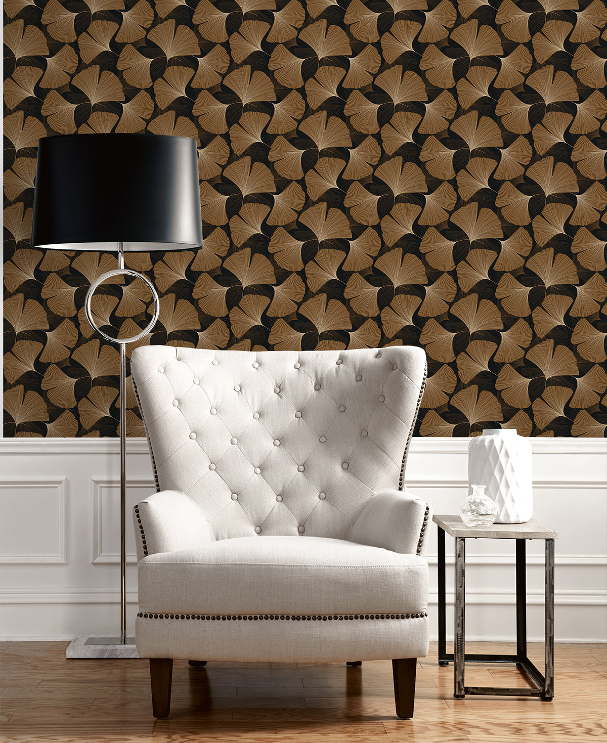 Tossed Ginkgo Leaf Ebony & Metallic Copper by NextWall Peel & Stick Botanical Wallpaper – NextWall NW52206
