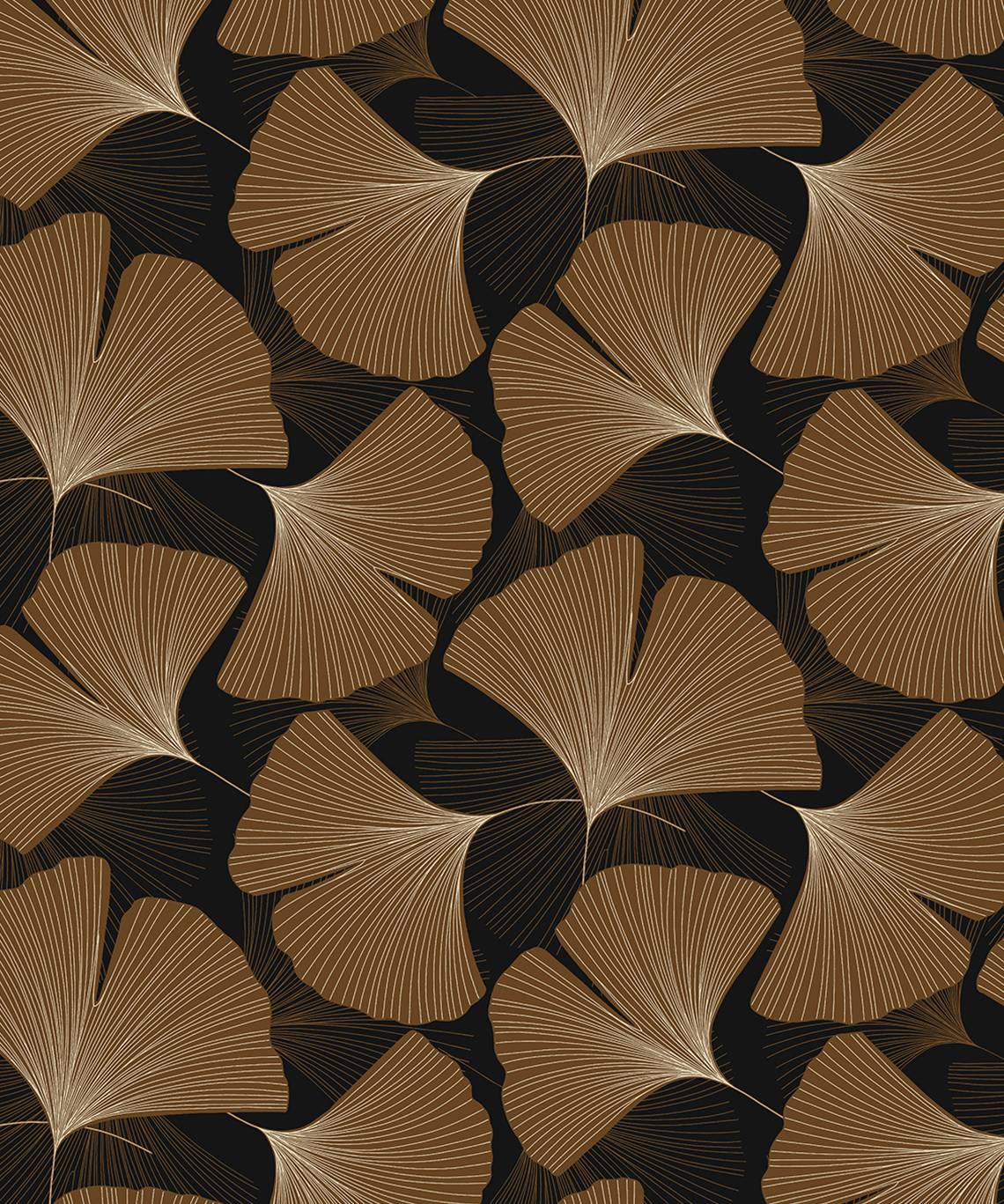 Tossed ginkgo leaf peel and stick wallpaper in ebony black with metallic copper leaves
