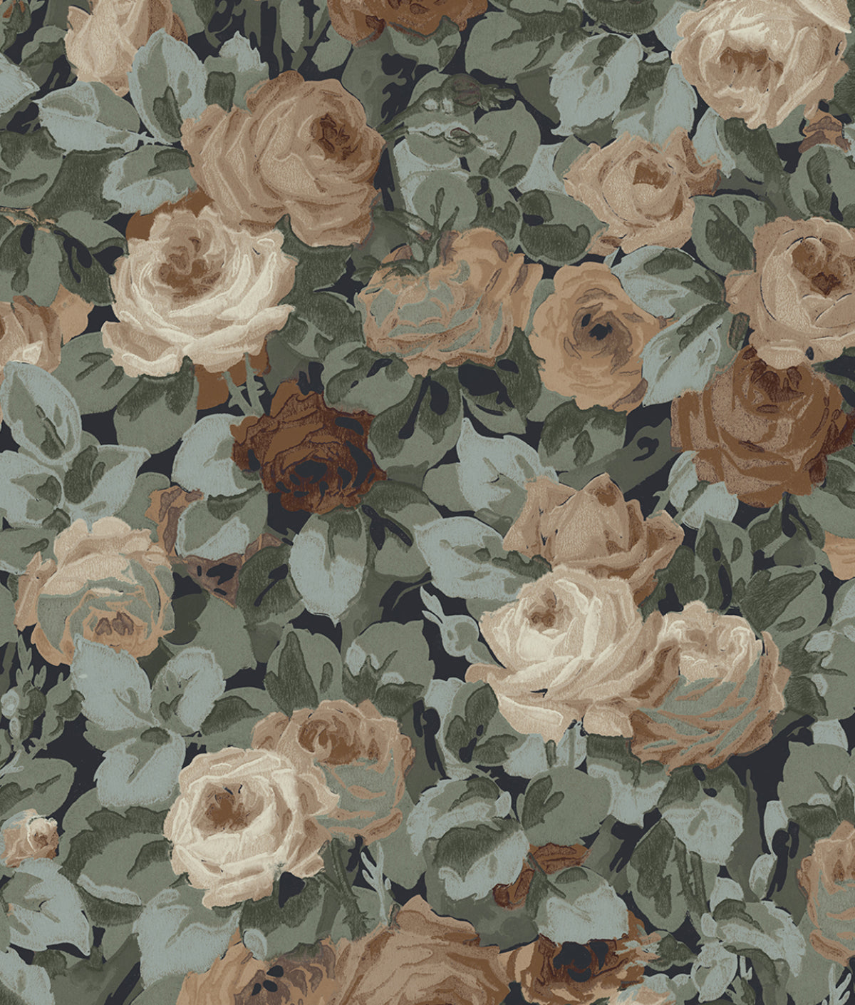 Rose Garden peel and stick floral wallpaper in midnight blue with cafe roses
