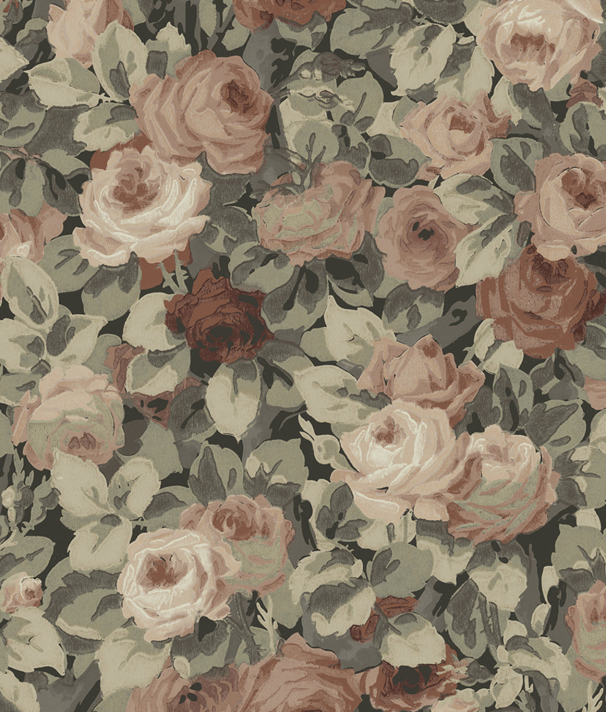 Rose Garden peel and stick wallpaper with dusty mauve and blush roses, ash grey foliage, and a dark ground